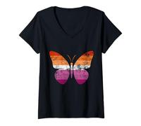 Donna Sottile, Lesbiche Orgoglio Bandiera Farfalla Vintage Maglietta con Collo a V