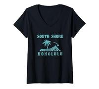 Donna South Shore Diamondhead Palma Honolulu Stile Vintage Maglietta con Collo a V