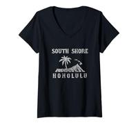 Donna South Shore Diamondhead Palma Honolulu Stile Vintage Maglietta con Collo a V