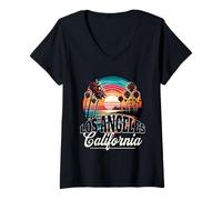 Donna Souvenir al tramonto delle palme della spiaggia della California di Los Angeles Maglietta con Collo a V