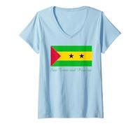Donna Souvenir Bandiera Sao Tomé e Principe Maglietta con Collo a V