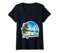 Donna Souvenir del paesaggio delle vacanze estive della spiaggia soleggiata delle Seychelles Maglietta con Collo a V
