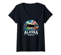 Donna Souvenir dell'alce dell'Alaska Aurora Boreale Maglietta con Collo a V