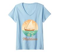 Donna Souvenir dell'isola tropicale vintage della barca di Dhoni della spiaggia delle Maldive Maglietta con Collo a V