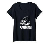Donna Souvenir di Shibuya Hachiko Akita Inu Shibuya Crossing Kanji Maglietta con Collo a V