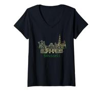 Donna Souvenir di Viaggio della Notte di Bruxelles Belgio Panorama City Gift Maglietta con Collo a V
