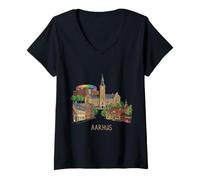 Donna Souvenir di Viaggio di Aarhus Danimarca City Landmark Gift Maglietta con Collo a V