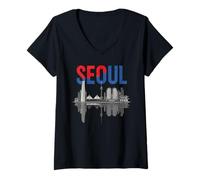 Donna Souvenir di Viaggio di Paesaggio Urbano della Corea del Sud di Seoul Skyline Maglietta con Collo a V