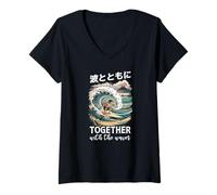 Donna Souvenir Kanji estetica giapponese Surf Insieme Con Onde Maglietta con Collo a V