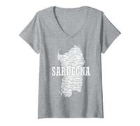 Donna Souvenir Sardegna con Mappa e Città sarde Maglietta con Collo a V, Grigio Melange, S