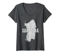 Donna Souvenir Sardegna con Mappa e Città sarde Maglietta con Collo a V, Grigio Scuro, L