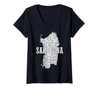 Donna Souvenir Sardegna con Mappa e Città sarde Maglietta con Collo a V, Nero, M