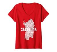 Donna Souvenir Sardegna con Mappa e Città sarde Maglietta con Collo a V, Rosso, L