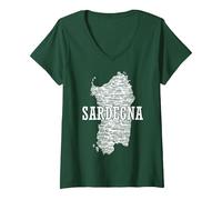 Donna Souvenir Sardegna con Mappa e Città sarde Maglietta con Collo a V, Verde Foresta, M