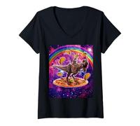 Donna Space Cat Lover Riding Dinosaur T Rex Unicorn Pizza Taco Maglietta con Collo a V