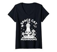 Donna Space Cat On Mushrooms Cosmic Journey Maglietta con Collo a V