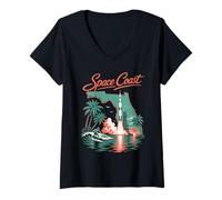 Donna Space Coast Surfer Rocket Lancio Surf Maglietta con Collo a V