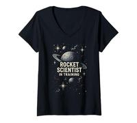 Donna Space Explorer Rocket Scienziato In Formazione Pianeta Avventura Maglietta con Collo a V