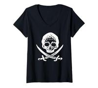 Donna Spade con teschio pirata, bandiera Jolly Roger, parla come un giorno da pirati Maglietta con Collo a V