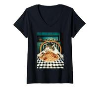 Donna Spaghetti Cat Dinner Funny Maglietta con Collo a V