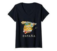 Donna Spanish Roots Mappa - Barcellona Madrid Siviglia Spagna Souvenir Maglietta con Collo a V