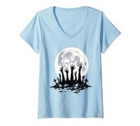Donna Spaventoso Zombie Mani Luna Piena Horror Halloween Stagione spettrale Maglietta con Collo a V