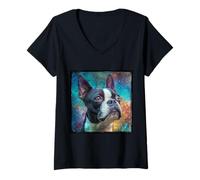 Donna Spazio Boston Terrier Maglietta con Collo a V