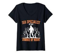 Donna Specialista SEO di Day Zombie di Notte Divertente Halloween Raccapricciante Maglietta con Collo a V