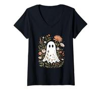 Donna Spettrale Boo Nascosto in Bush Fiorista Floreale Halloween Maglietta con Collo a V