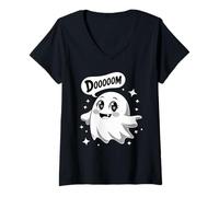 Donna Spettrale Carino Fantasma DOOOOOM Halloween Vibes Maglietta con Collo a V