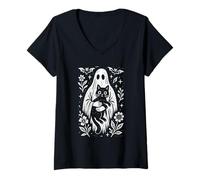 Donna Spettrale Carino Folk Art Fantasma con Gatto Nero Halloween Maglietta con Collo a V