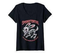 Donna Spettrale Cottontail Scheletro Coniglio Lepre Halloween Maglietta con Collo a V