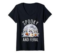 Donna Spettrale E Feral Halloween Carino Fantasma Procione Trucco O Scherzetto Maglietta con Collo a V