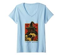 Donna Spettrale Halloween Cat Witch Blood Roses Maglietta con Collo a V