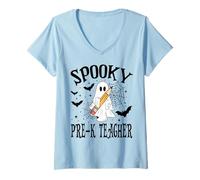 Donna Spettrale Pre-k Insegnante Halloween Scuola Maglietta con Collo a V