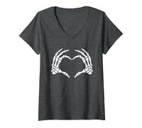 Donna Spettrale Scheletro Mani Cuore - Creepy Gothic Love Halloween Maglietta con Collo a V