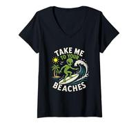 Donna Spiagge Surf Spiaggia Estate Alien UFO Abduction Vacanza Maglietta con Collo a V