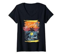 Donna Spiaggia Palme Mare Tramonto Surf Godere Il Momento Nato Per Surf Maglietta con Collo a V
