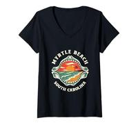 Donna Spiaggia Scena in Shark Jaw Myrtle Beach South Carolina Retro Maglietta con Collo a V