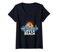 Donna Spiaggia Tramonto Tropicale Palm Wave Maglietta con Collo a V