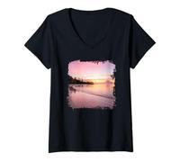 Donna Spiaggia Tropicale Tramonto Calma Spiaggia Oceano Sc Maglietta con Collo a V