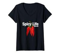 Donna Spicy Life Everyday with Red Chili Paper Graphic Designs Maglietta con Collo a V