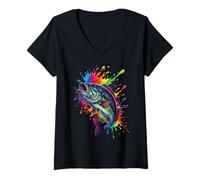 Donna Splash Art Largemouth Bass Fishing Maglietta con Collo a V