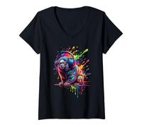 Donna Splash Art Marmoset DJ Headphones Maglietta con Collo a V