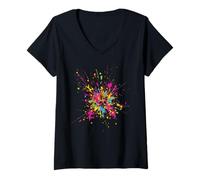 Donna Splat di vernice multicolore brillante Maglietta con Collo a V