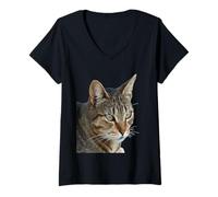 Donna Splendida Tabby Cat Close Up Foto Ritratto Isolato Maglietta con Collo a V