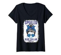 Donna Spoiled By My Blue Collar Man Messy Bun Operaio Maglietta con Collo a V