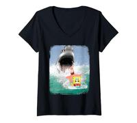 Donna Spongebob Patrick Shocked Shark Maglietta con Collo a V