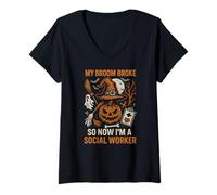 Donna Spooktacular Social Worker Scopa Broke Fun Womens Halloween Maglietta con Collo a V