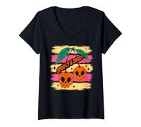 Donna Spooky And Sweet Cherries Halloween Skull Cherry Maglietta con Collo a V